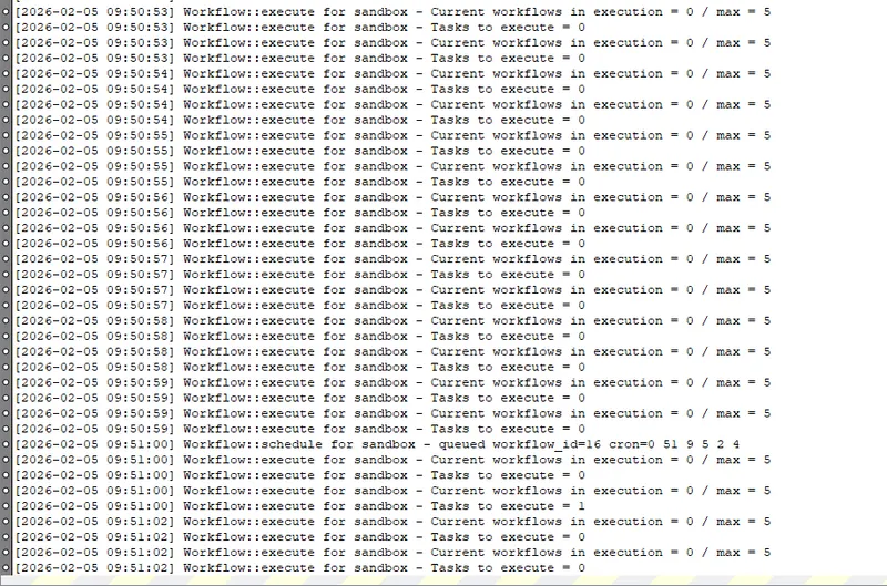 Logs de planification crontab et exécution workflow